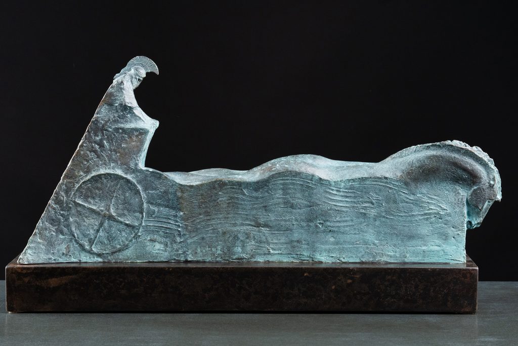 Sculpture “Chariot”, bronze, steel // 22.4 w x 11.8 h x 5.9 d in // 2019. Artist — Sergei Oganov.