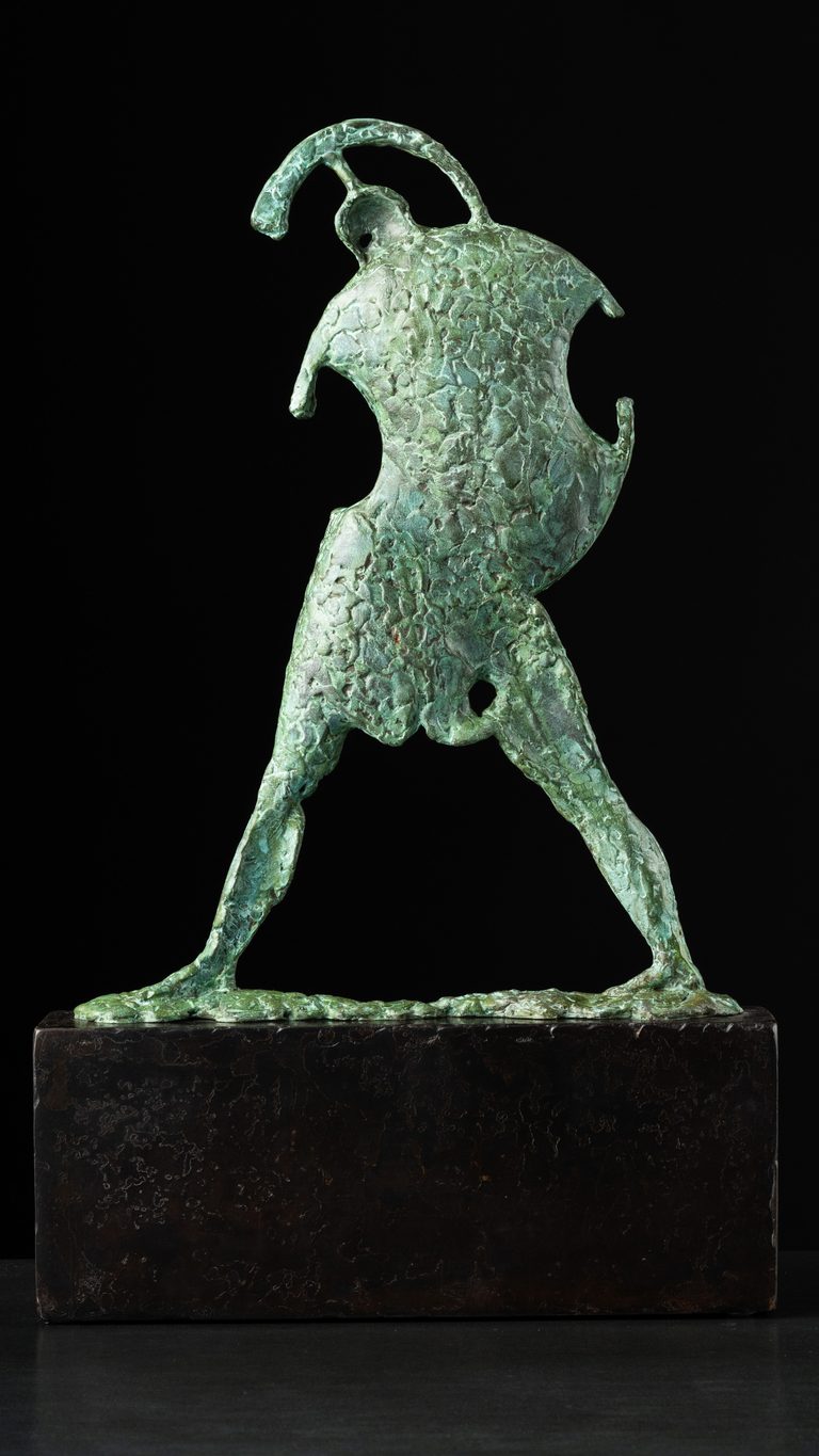 Sculpture “The hero must be alone”, bronze, steel // 10.2 w x 16.5 h x 2.8 d in // 2024. Artist — Sergei Oganov.