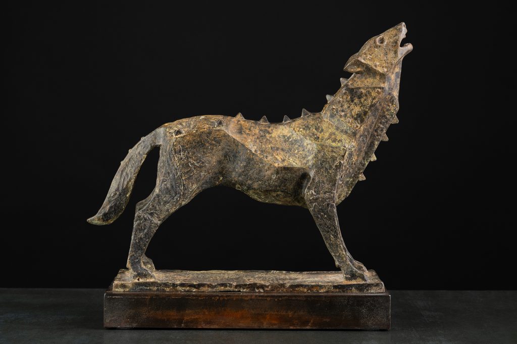 Sculpture “Iron wolf”, bronze, steel // 12.6 w x 13 h x 5.1 d in // 2014. Artist — Sergei Oganov.