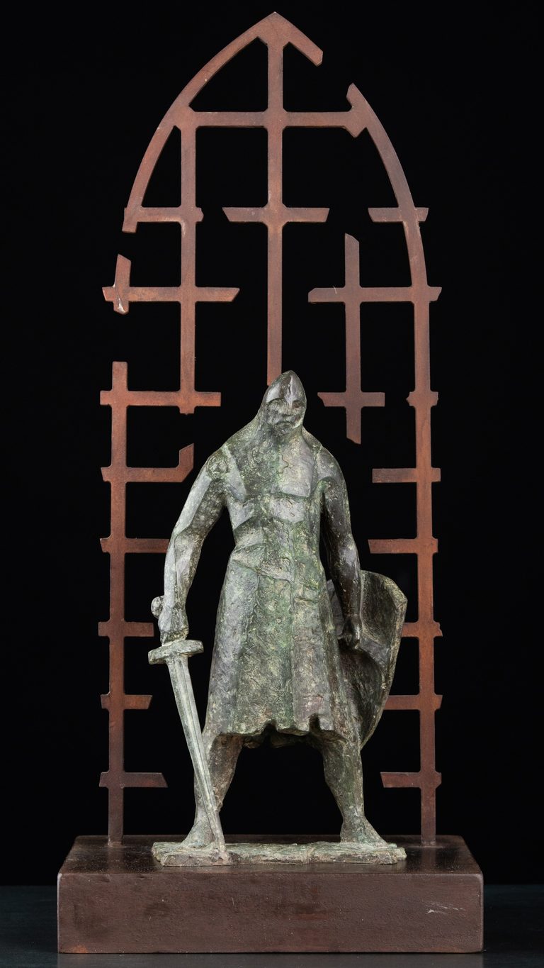 Sculpture “Warrior-defender”, bronze, steel // 11 w x 25.2 h x 11 d in // 2017. Artist — Sergei Oganov.